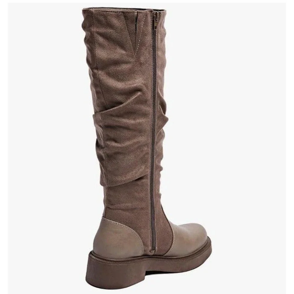 Women's Fashion Thick Heel Riding Boots Grey/brown Side Zipper Durable Size 9